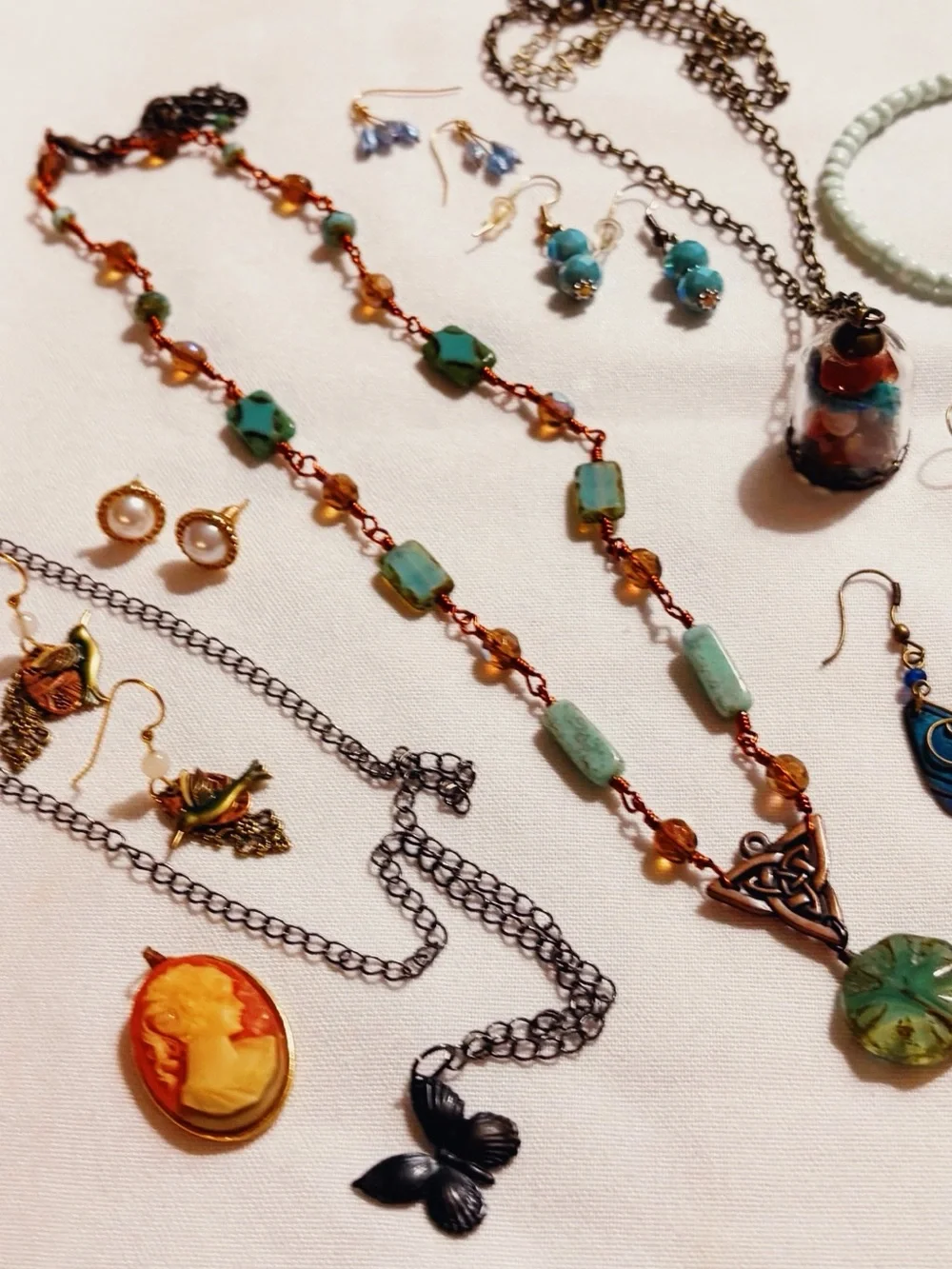 Fairy bundle Green and Amber Beaded Necklace with Copper Accents